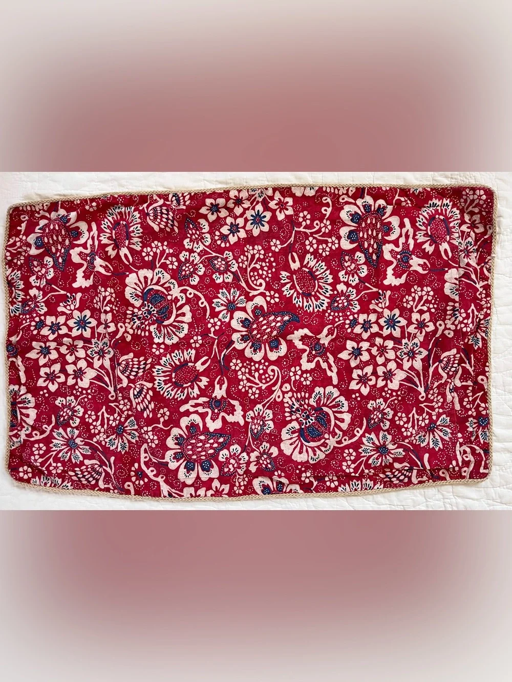 x2 Ralph Lauren Villa Martine KING Pillow Shams Red Blue Floral Jute Trim Cotton